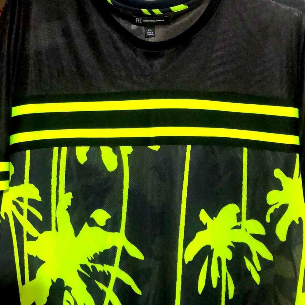 INC Green & Black Palm Tree Mesh shirt